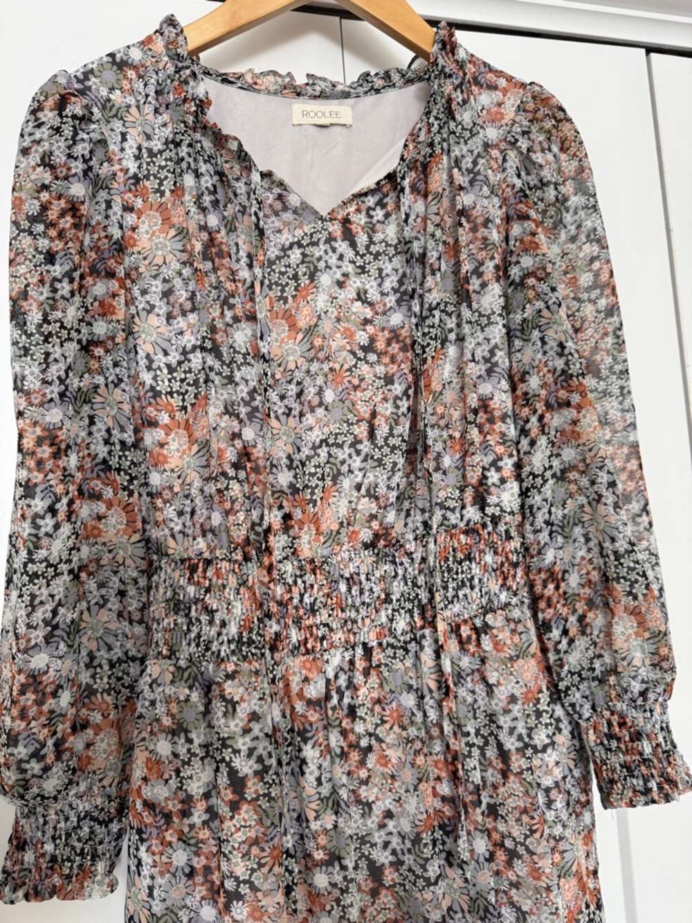 Roolee Floral Ruffle-Neck Blouse - Rust, Black & White
